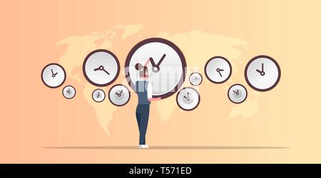 businesswoman pointing on wall with clocks different cities time management deadline concept world map background horizontal full length Stock Vector