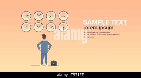 businessman looking on wall with clocks of different cities time management deadline concept world map background horizontal rear view male character Stock Vector