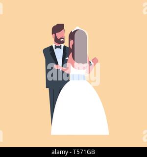 newlyweds just married man woman embracing dancing together romantic couple bride and groom in love wedding day concept yellow background full length Stock Vector