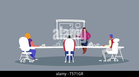 businesswoman pointing flip chart with graphsbusinesspeople during training conference meeting men women office workers teamwork briefing concept Stock Vector