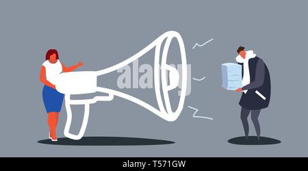 businesswoman boss screaming with megaphone on overworked man holding paper stack tired office worker paperwork deadline concept sketch doodle Stock Vector
