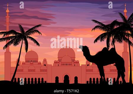 Flat style Sheikh Zayed Grand Mosque in the sunset Stock Vector