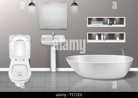 Bathroom furniture interior with modern bathroom sink, mirror, toilet on grey wall. Realistic bathroom interior design. vector illustration Stock Vector