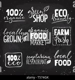 Set of vegetarian labels with hand drawn lettering on chalk board.  Stock Vector