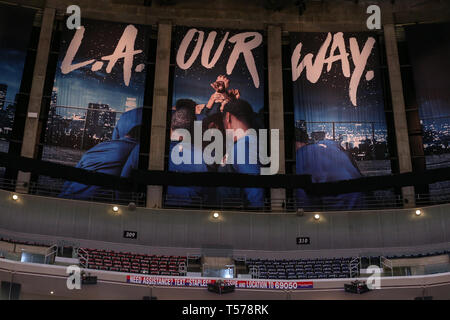 Los Angeles, CA, USA. 21st Apr, 2019. Clippers banners before game 4 of the Golden State Warriors vs Los Angeles Clippers Playoffs series at Staples Center on April 21, 2019. (Photo by Jevone Moore) Credit: csm/Alamy Live News