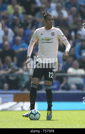 Liverpool, UK. 21st Apr, 2019. Chris Smalling of Manchester United in action. Premier League match, Everton v Manchester Utd at Goodison Park in Liverpool on Sunday 21st April 2019. this image may only be used for Editorial purposes. Editorial use only, license required for commercial use. No use in betting, games or a single club/league/player publications. pic by Chris Stading/Andrew Orchard sports photography/Alamy Live news Credit: Andrew Orchard sports photography/Alamy Live News Stock Photo