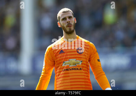 Liverpool, UK. 21st Apr, 2019. Manchester United Goalkeeper David De Gea looks on. Premier League match, Everton v Manchester Utd at Goodison Park in Liverpool on Sunday 21st April 2019. this image may only be used for Editorial purposes. Editorial use only, license required for commercial use. No use in betting, games or a single club/league/player publications. pic by Chris Stading/Andrew Orchard sports photography/Alamy Live news Credit: Andrew Orchard sports photography/Alamy Live News Stock Photo