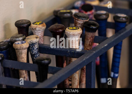 Milwaukee, WI, USA. 20th Apr, 2019. Dodgers bat rack before the Major League Baseball game between the Milwaukee Brewers and the Los Angeles Dodgers at Miller Park in Milwaukee, WI. John Fisher/CSM/Alamy Live News Stock Photo