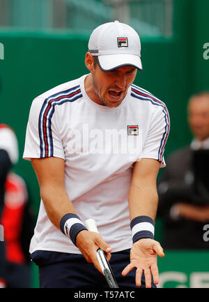 Roquebrune Cap Martin, France. 21st Apr, 2019. Dusan Jacovic of Serbia reacts during the men's singles final match against Fabio Fognini of Italy at the Monte-Carlo Rolex Masters tennis tournament in Roquebrune Cap Martin, France, April 21, 2019. Credit: Nicolas Marie/Xinhua/Alamy Live News Stock Photo