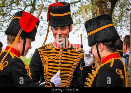 Hyde Park, London, UK, 22nd April 2019. Members of the King's Troops before the salute. A 41-round Royal Gun Salute is fired on the Parade Ground in Hyde Park to publicly celebrate the 93rd birthday of Herr Majesty the Queen, Queen Elizabeth II. The salute is fired at midday by the King's Troop Royal Horse Artillery. The Queen's birthday is April 21st, but salutes are not fired on Sundays and take place the next day if the date falls on a Sunday. Credit: Imageplotter/Alamy Live News Stock Photo