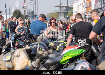 The 'Southend Shakedown' was for many years a regular Easter Bank Holiday Monday gathering at the seafront location attracting many thousands of motorcycles for their first big ride-out of the year - hence 'shakedown'. Official events ended a number of years previously due to costs although unofficial gatherings had continued, sometimes despite council attempts to stop them. A new volunteer team have taken the helm for 2019 hoping to kick start a new era for the event - Southend Shakedown Resurrection. Row of bikes on Marine Parade Stock Photo