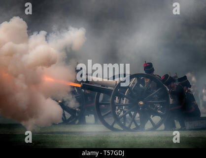 London, UK. 22nd April, 2019. The King’s Troop Royal Horse Artillery fire a 41 Gun Royal Salute in Hyde Park for Her Majesty The Queen’s 93rd birthday from six First World War 13 pounder Field Guns. Although HM The Queen’s 93rd birthday falls on Easter Sunday, 21st April, in keeping with tradition where Gun Salutes are never fired on a Sunday, the Birthday Salute is performed Easter Monday. Credit: Malcolm Park/Alamy Live News. Stock Photo