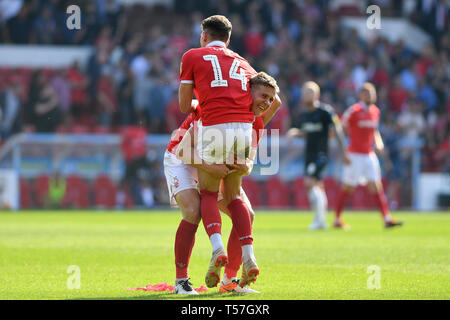 Nottingham, UK. 22nd Apr, 2019.  Ryan Yates (22) of Nottingham Forest celebrates with Matthew Cash (14) of Nottingham Forest during the Sky Bet Championship match between Nottingham Forest and Middlesbrough at the City Ground, Nottingham. (Credit: Jon Hobley | MI News)    Editorial use only, license required for commercial use. No use in betting, games or a single club/league/player publications. Photograph may only be used for newspaper and/or magazine editorial purposes. Credit: MI News & Sport /Alamy Live News Stock Photo
