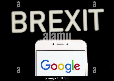 Hong Kong. 20th Apr, 2019. In this photo illustration a American multinational technology company and search engine Google logo is seen on an Android mobile device with a Brexit message in the background. Credit: Budrul Chukrut/SOPA Images/ZUMA Wire/Alamy Live News Stock Photo