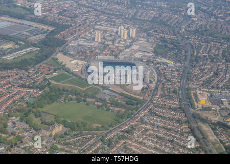 London UK. 22nd April 2019.  An aerial photograph directly above Twickenham Stadium home of England Rugby under warm spring sunshine on Easter bank holiday Monday as temperatures are forecast to soar to 27 degrees celsius Credit: amer ghazzal/Alamy Live News Stock Photo