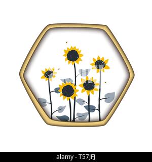 Banner floral background or card template with blooming sunflowers in the honey comb. Sunflower honey label design. Vector background Stock Vector