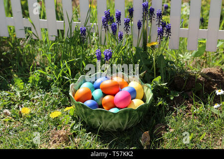 Easter traditions. Compositions with painted Easter eggs. Stock Photo
