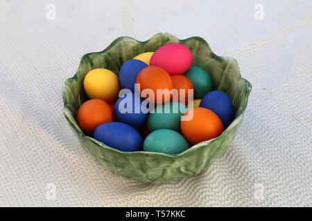 Easter traditions. Compositions with painted Easter eggs. Stock Photo