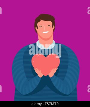 Cute guy holds tenderly a heart in his hands. Love, friendship concept. Cartoon vector illustration Stock Vector