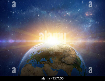 Sun rising over the Earth in deep space. Giant meteor explosion on the planet. Global warming concept. 3D illustration - Elements of this image furnis Stock Photo