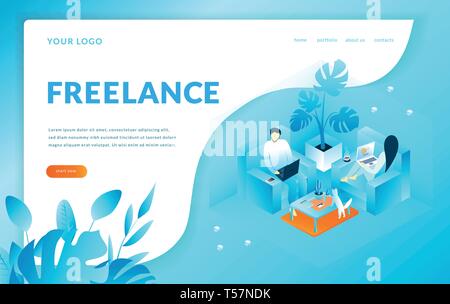Man and woman sitting on the armchairs works with computer, Freelance. Modern template for landing page. Isometric vector illustration Stock Vector