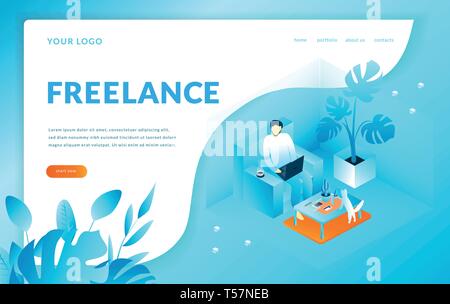 Man sitting on the armchair works with computer, Freelance. Modern template for landing page. Web page, isometric vector illustration Stock Vector