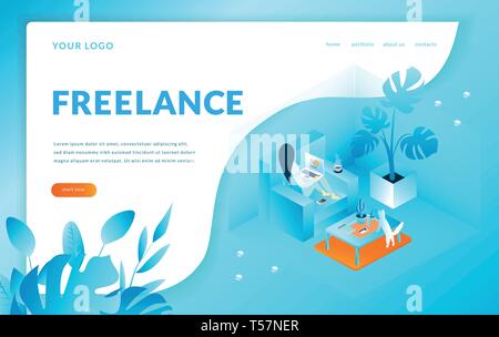 Girl sitting on the armchair works with computer, Freelance. Modern template for landing page. Web page, isometric vector illustration Stock Vector