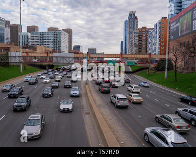 Afternoon rush hour traffic. Kennedy Expressway at Fulton Market, Chicago, Illinois. Stock Photo