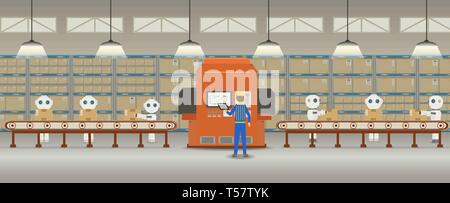 Automation factory concept with robot working flat design vector illustration Stock Vector