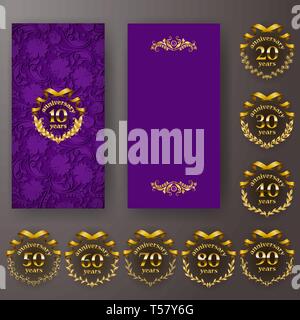Set of anniversary card, invitation with laurel wreath, number. Decorative gold emblem of jubilee on purple background. Stock Vector