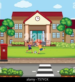 Boys playing fooyball in front of school illustration Stock Vector