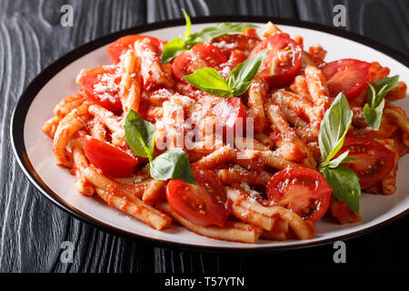 Italian cuisine, classic pasta recipe with tomato sauce, parmesan cheese and basil close-up on a plate on the table. horizontal Stock Photo