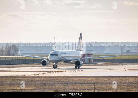 Kyiv, Ukraine - March 17, 2019: Lufthansa Airbus A320 taxiing to the runway in the airport Stock Photo