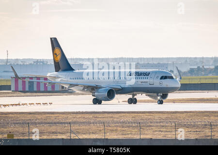 Kyiv, Ukraine - March 17, 2019: Lufthansa Airbus A320 taxiing to the runway in the airport Stock Photo