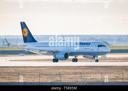 Kyiv, Ukraine - March 17, 2019: Lufthansa Airbus A320 taxiing to the runway in the airport Stock Photo