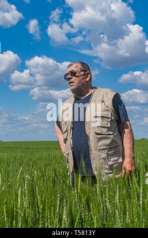 Nice portrait of Ukrainian senior farmer standing inside unripe crops field Stock Photo
