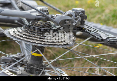 Bicycle rear carriage with dirty chain closeup Stock Photo