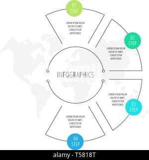 Vector infographic flat line template for four labels, diagram, graph, presentation. Business circle concept with 4 options. For content, flowchart Stock Vector