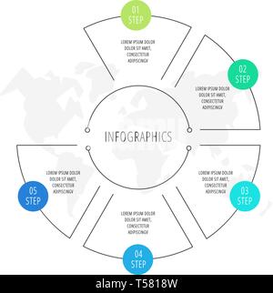 Vector infographic flat line template for five labels, diagram, graph, presentation. Business circle concept with 5 options. For content, flowchart Stock Vector