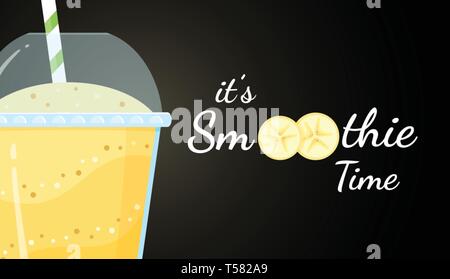 Yellow smoothie fruit logo flat vector illustration. Fresh smoothies drink with yellow layers in glass with fruit smoothie logo for fast food menu or healthy detox web banner. Clipping mask applied. Stock Vector