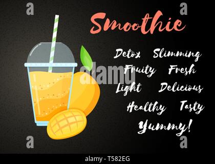 Orange mango smoothie cocktail flat vector illustration. Tasty natural fruit, cup, straw and glass with yellow layers of smoothies cocktail. Poster with sign Smoothie for summer fast food season menu Stock Vector