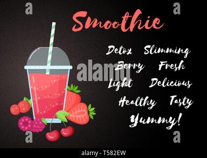 Red berries smoothie vitamin drink vector illustration. Fresh smoothies drink with red layers in glass with cup and straw. Raw pineapple fruit and sign Smoothie for fitness landing page concept Stock Vector