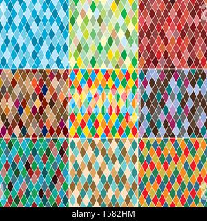 Harlequin's polychromatic mosaic patchwork, multi-colored seamless patterns, set of 9 colorful tiles. Stock Vector