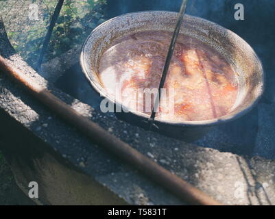 Traditional Hungarian Goulash in the Hot Cauldron Stock Photo