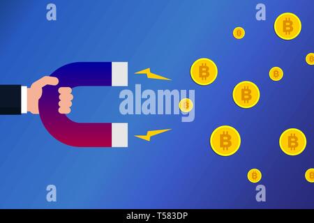 Hand with a magnet attracting bitcoins. Crypto currency concept. Crypto currency mining. Businessman holding horseshoe magnet dragging bitcoins.Vector Stock Vector