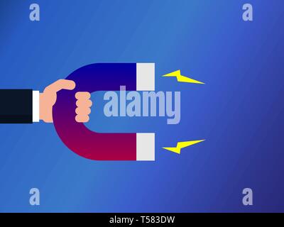 Hand holding a magnet. Business concept, attracting success, money, investments, customers. Businessman's hand with a horseshoe magnet. Vector Stock Vector