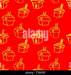 Pan-asian food in box seamless pattern. Grunge ink brush vector illustration. Food flat illustration. Stock Vector