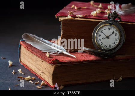 Winding pocket watch on old books with feathers and dried flower petals on the marble table in darkness and morning light. Stock Photo