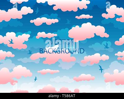 Pink clouds and gulls seamless pattern Stock Vector