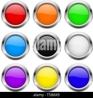 Round buttons. Glass colored icons with chrome frame Stock Vector